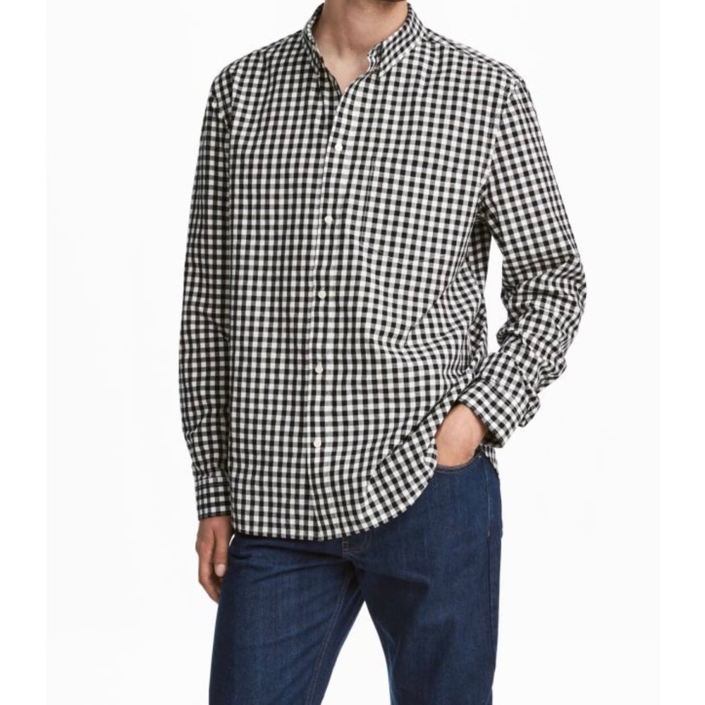 H & M Men's Longsleeve Shirt Cotton Regular Fit White Black Plaid Size